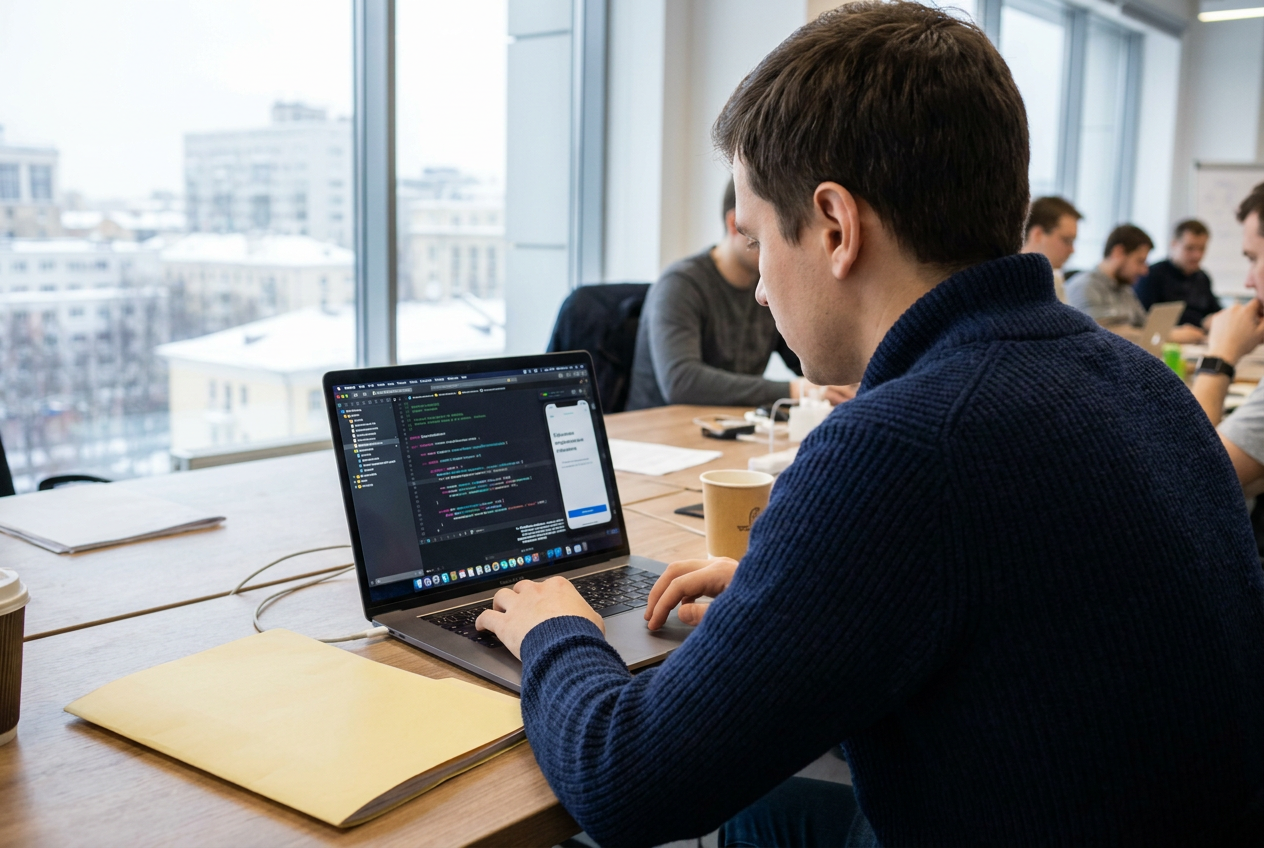 Разработчик iOS за работой в Xcode на MacBook.