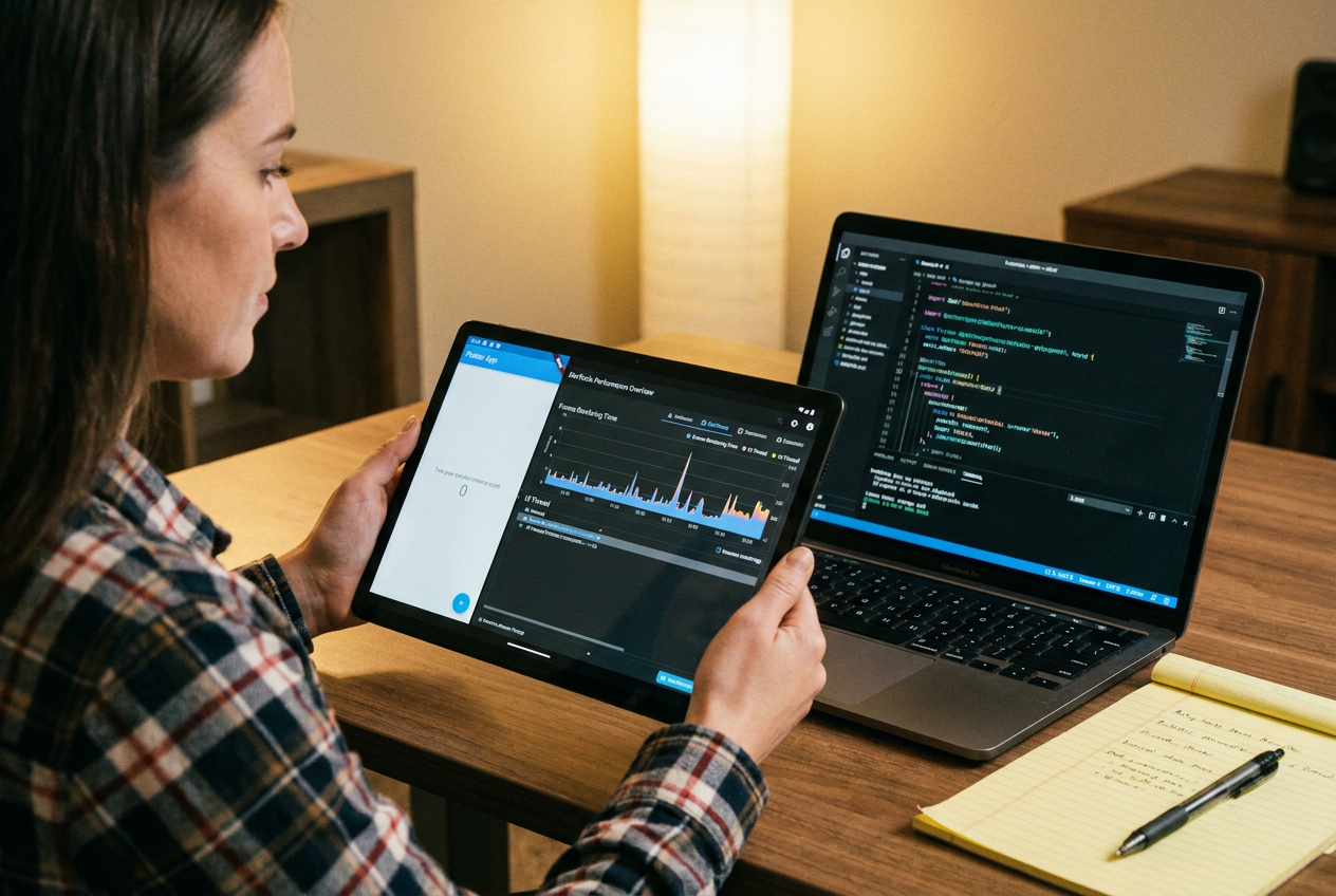 Разработчик тестирует Flutter-приложение на планшете Android.