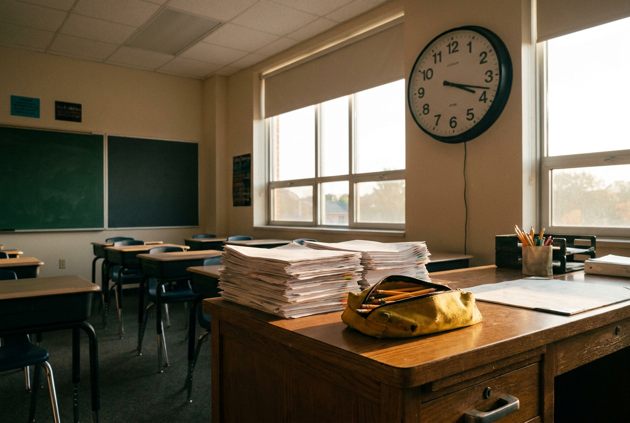Настенные часы в классе и рабочий стол с бумагами