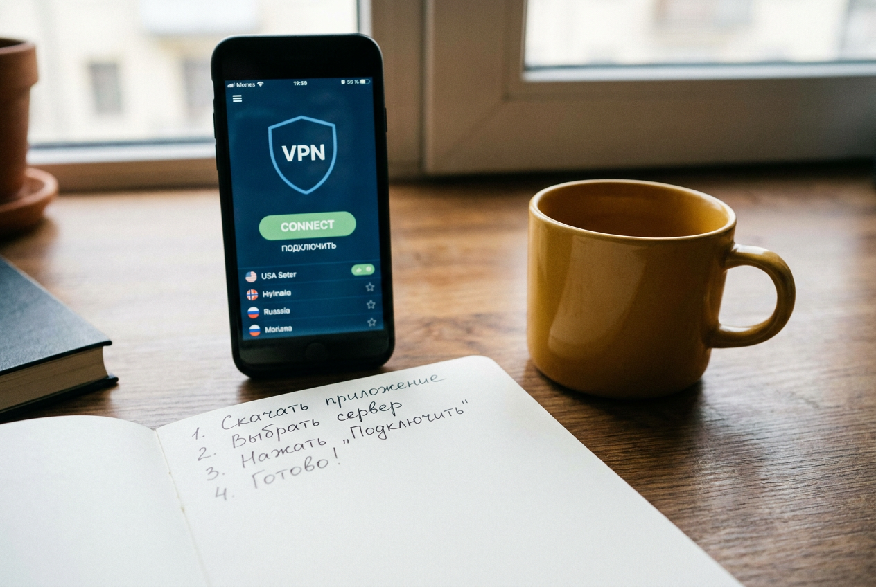 Смартфон с открытым VPN-приложением на рабочем столе