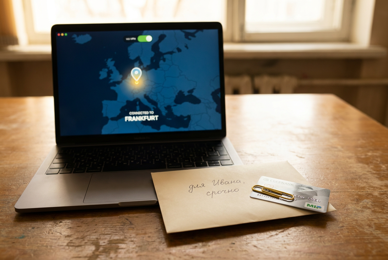 Ноутбук с картой VPN-подключения и банковская карта на столе